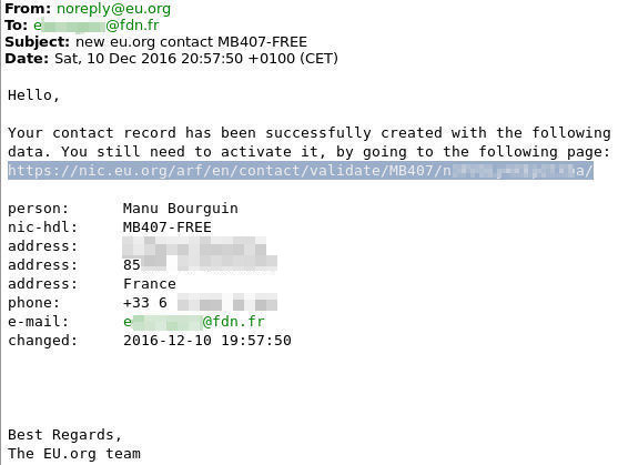 Mail d'activation