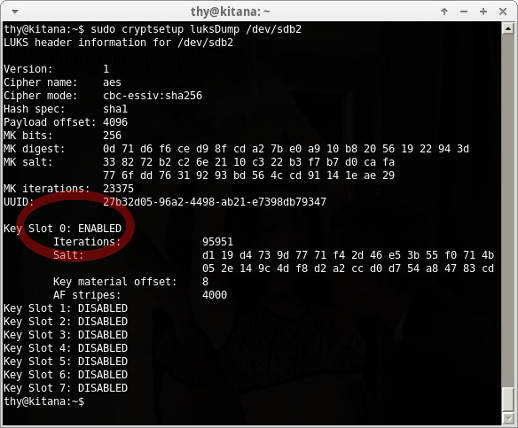 sudo cryptsetup luksDump /dev/sdb2