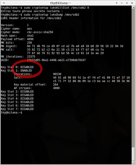 sudo cryptsetup luksKillSlot /dev/sdb2 1
